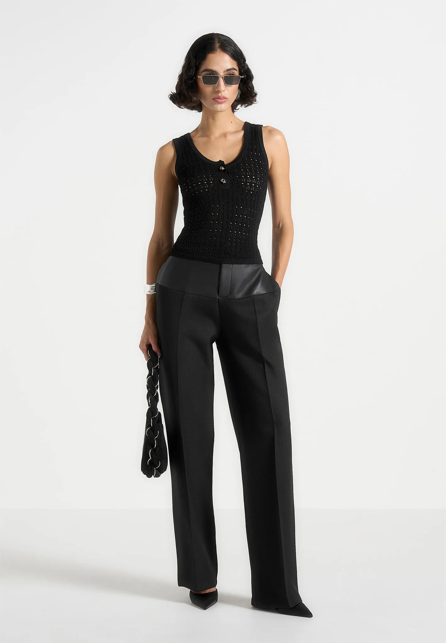 Nora - Pointelle Knitted Vest with Knot Button - Black sold by Maniere De Voir product image thumbnail 2