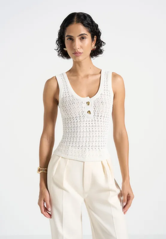 Nora - Pointelle Knitted Vest with Knot Button - Cream made by Maniere De Voir