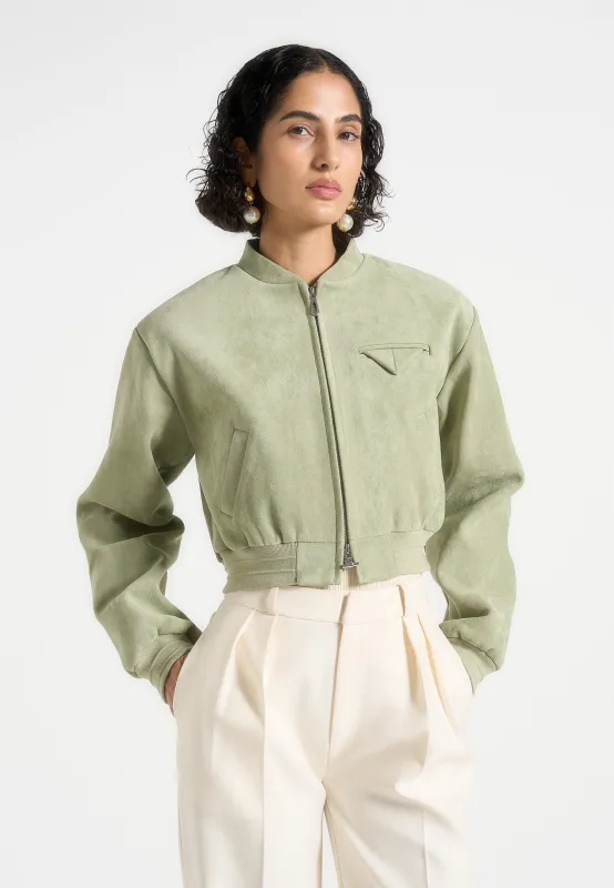 Monique - Suede Wide Shoulder Bomber Jacket - Sage sold by Maniere De Voir