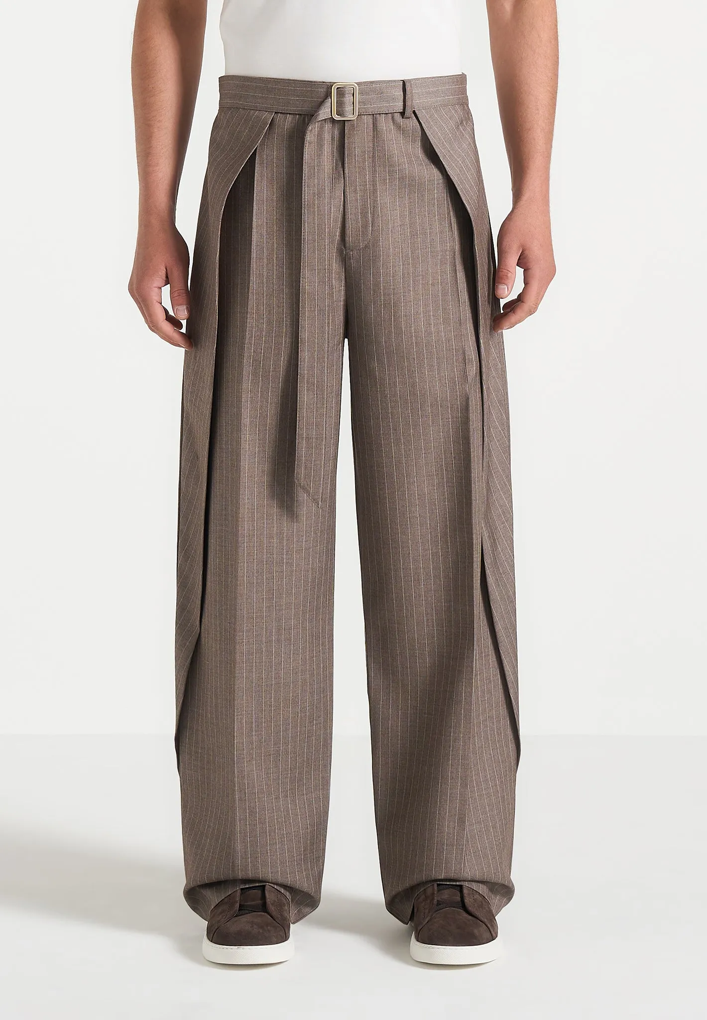 Charles - Wide Fit Wrap Leg Pinstripe Tailored Trousers - Taupe sold by Maniere De Voir product image thumbnail 4
