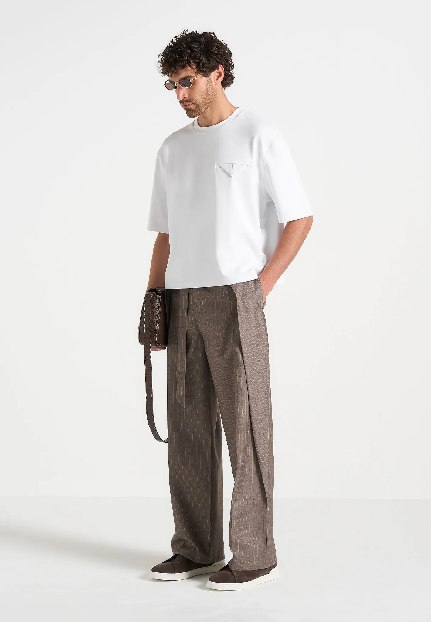 Charles - Wide Fit Wrap Leg Pinstripe Tailored Trousers - Taupe sold by Maniere De Voir