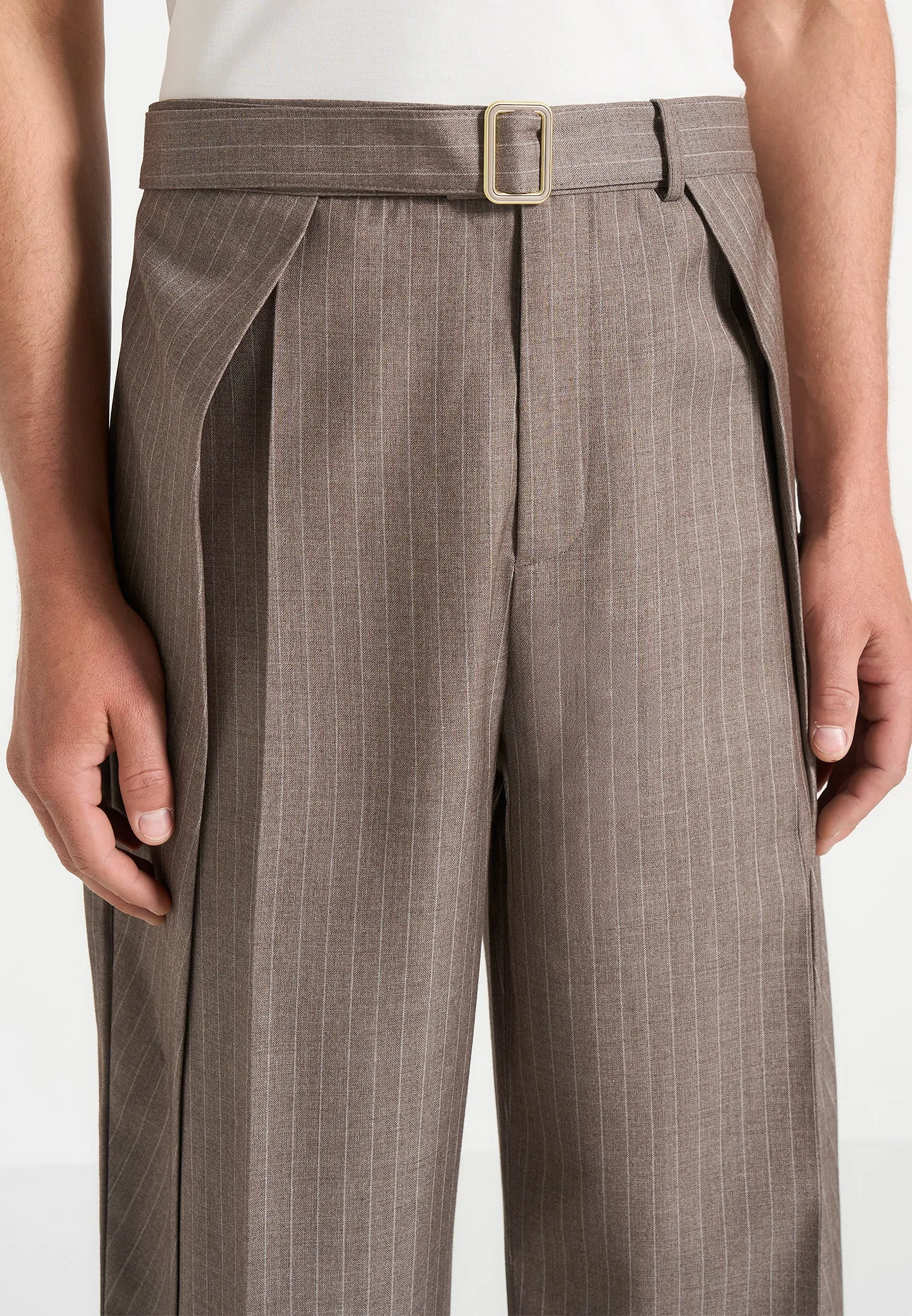 Charles - Wide Fit Wrap Leg Pinstripe Tailored Trousers - Taupe sold by Maniere De Voir product image thumbnail 3