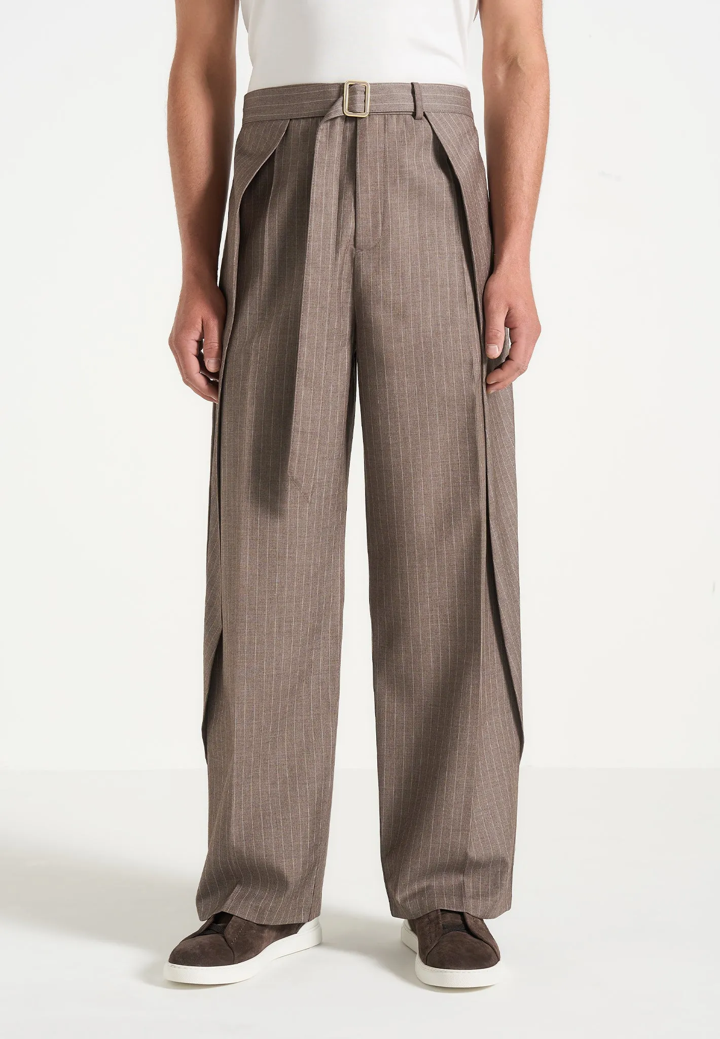 Charles - Wide Fit Wrap Leg Pinstripe Tailored Trousers - Taupe sold by Maniere De Voir product image thumbnail 2