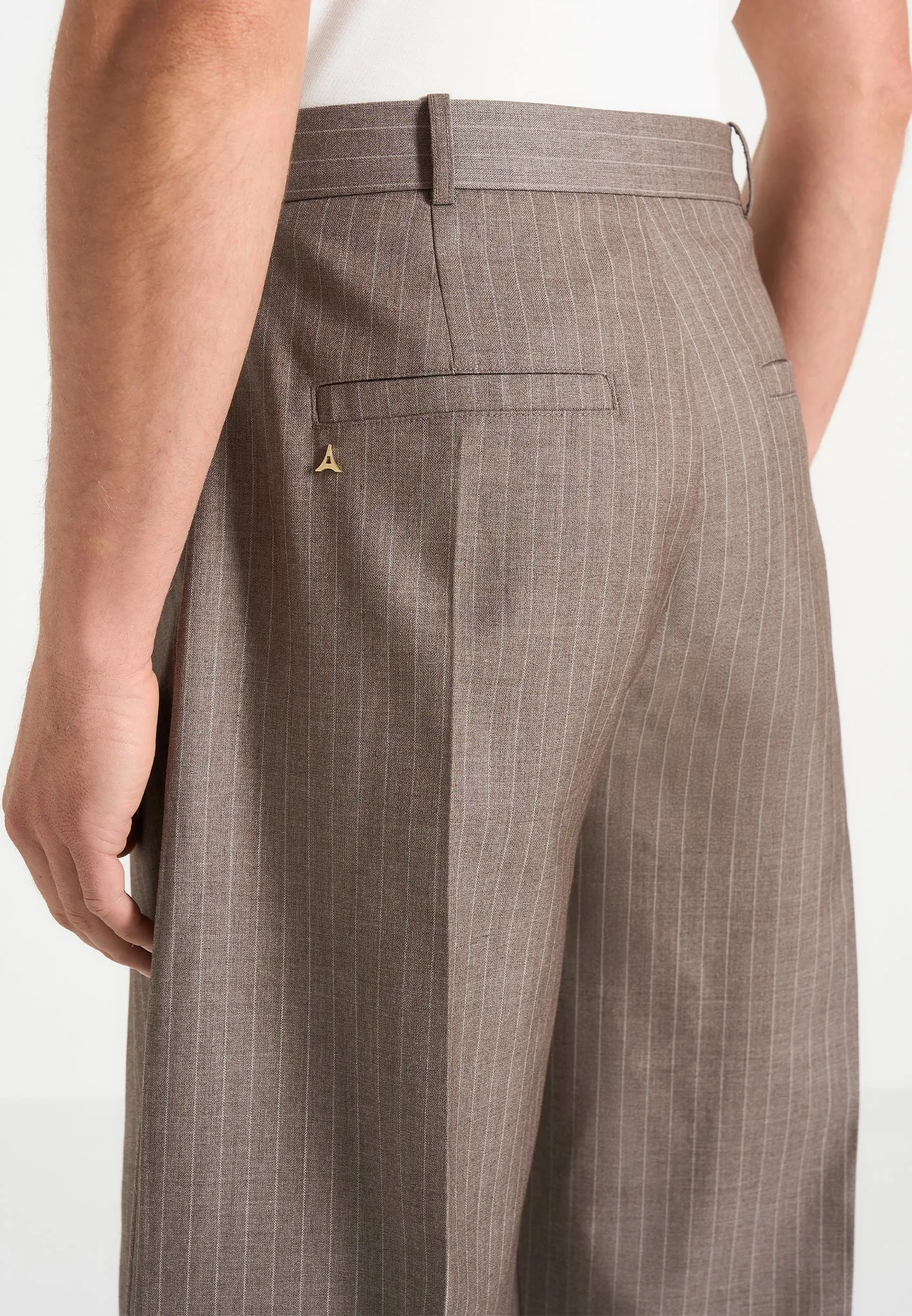 Charles - Wide Fit Wrap Leg Pinstripe Tailored Trousers - Taupe sold by Maniere De Voir product image thumbnail 5