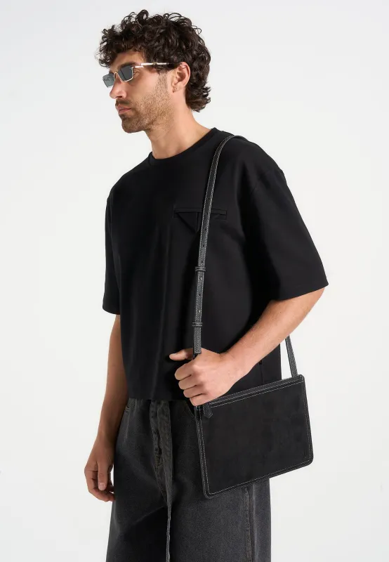 Elio - Suede Contrast Stitch Crossbody Bag - Black sold by Maniere De Voir