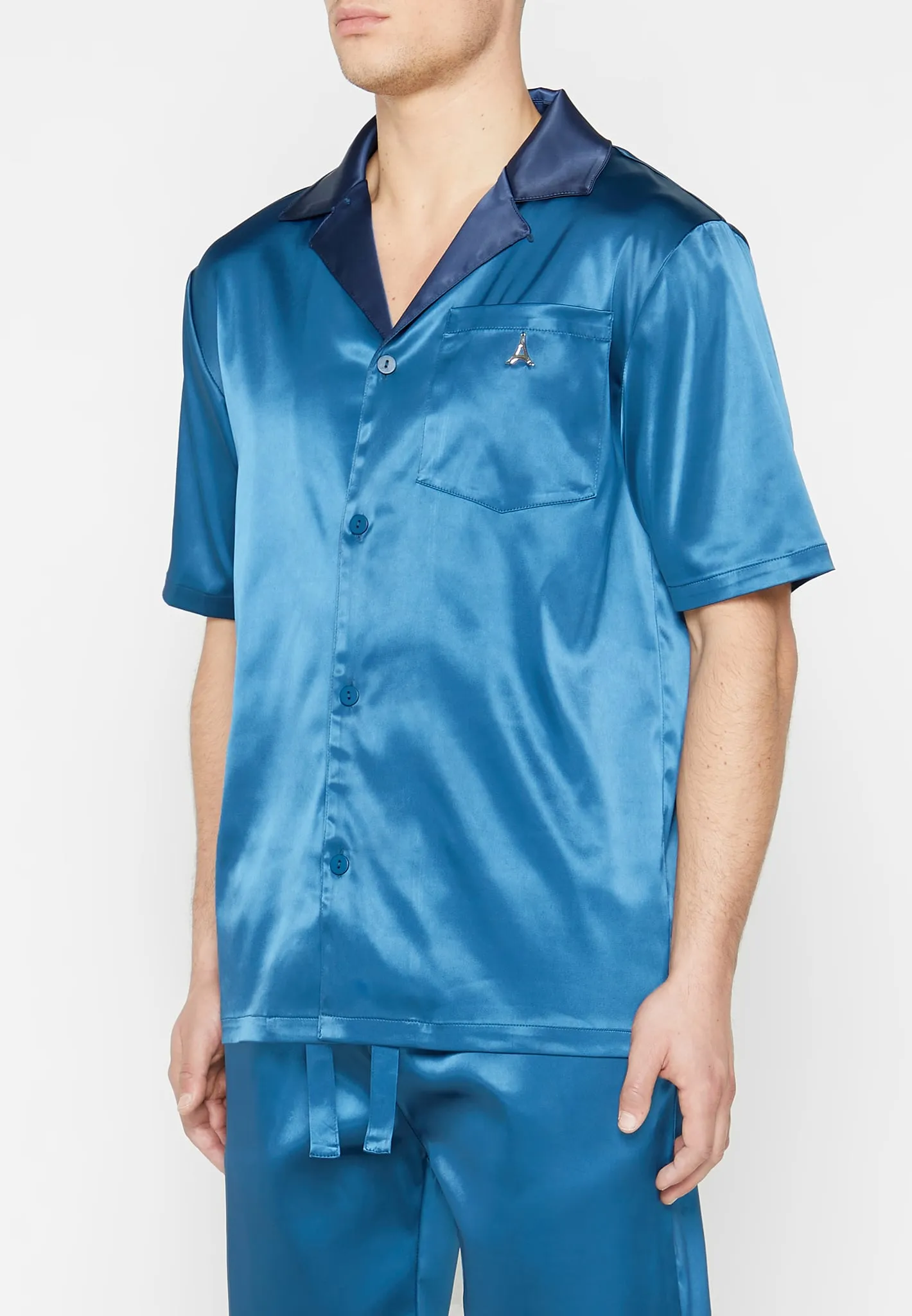 Satin Contrast Collar Shirt - Navy sold by Maniere De Voir product image thumbnail 4