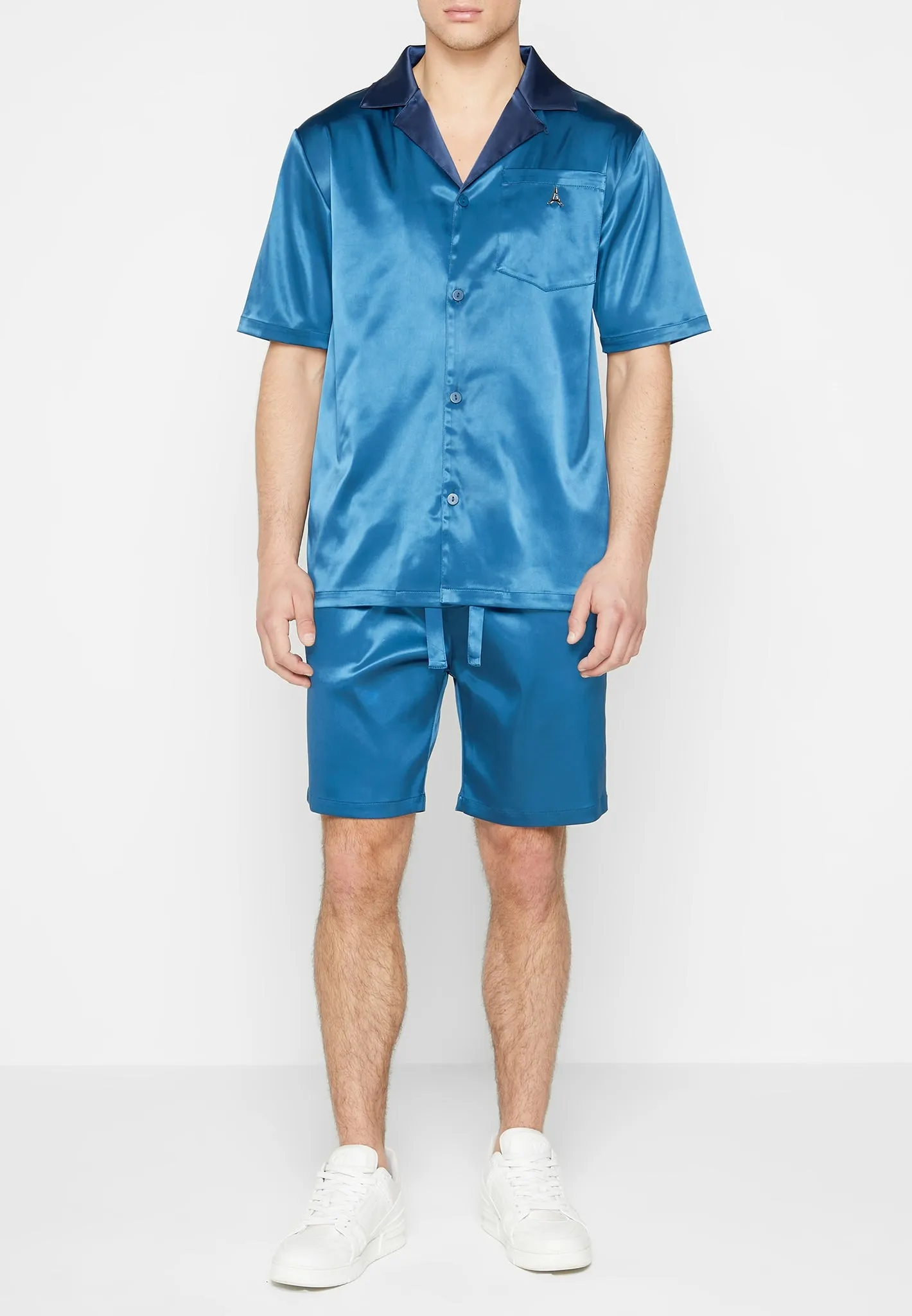 Satin Contrast Collar Shirt - Navy sold by Maniere De Voir product image thumbnail 3
