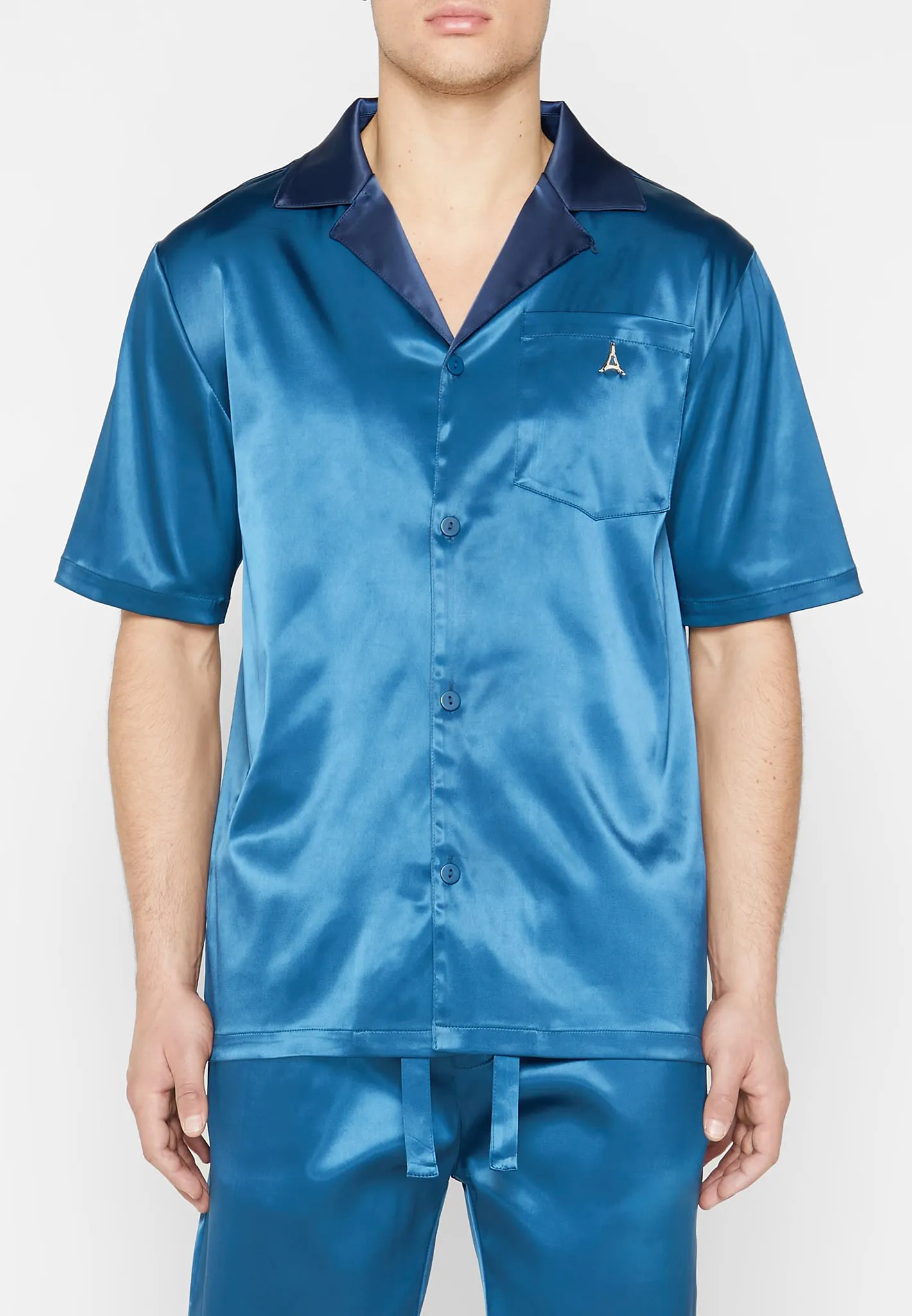 Satin Contrast Collar Shirt - Navy sold by Maniere De Voir product image thumbnail 2