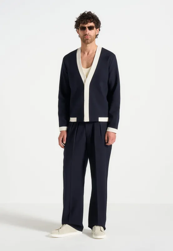 Clovis - Tailored Cardigan With Contrast Placket - Navy/White sold by Maniere De Voir