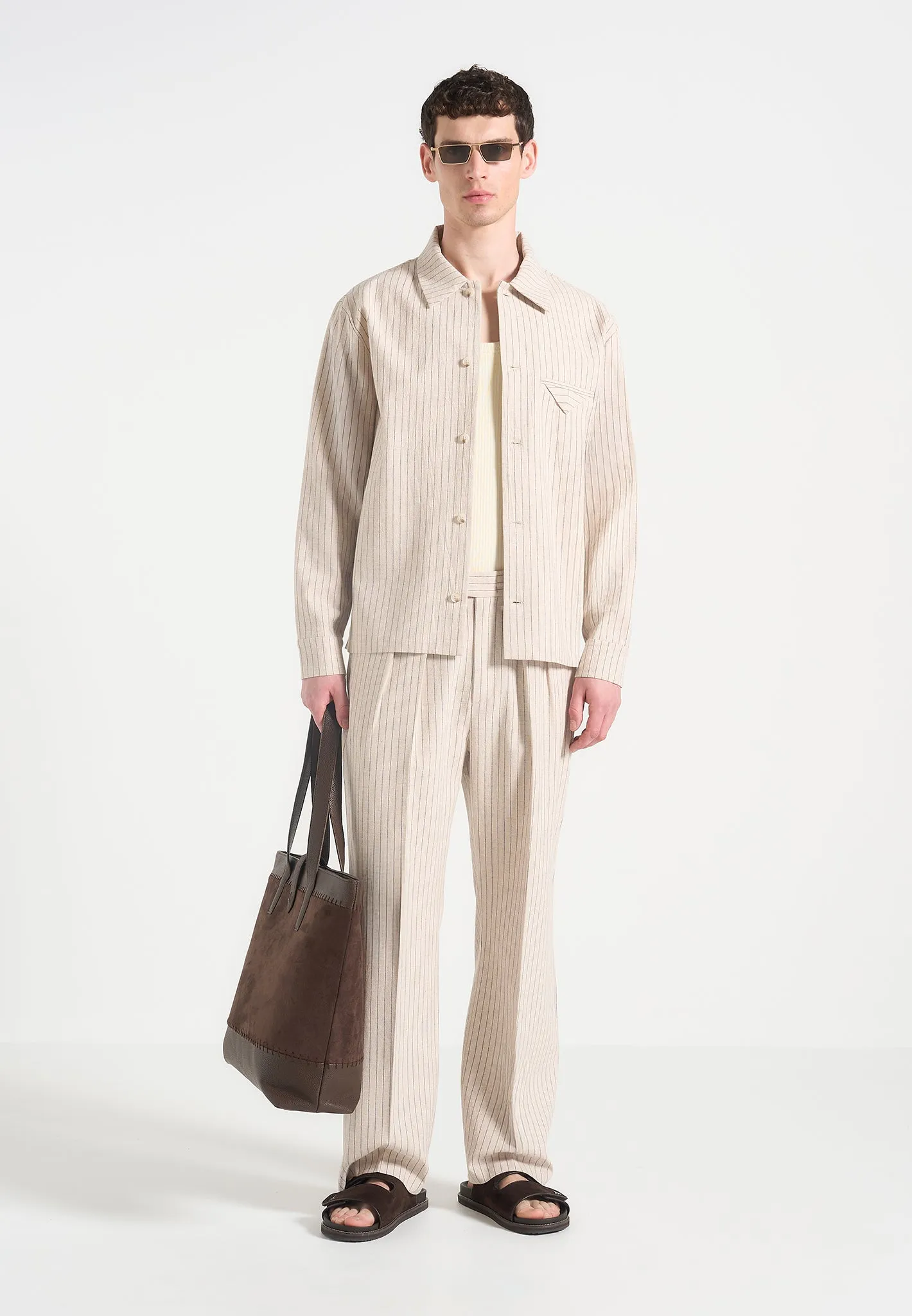 Pierre - Relaxed Fit Pinstripe Pleated Tailored Trousers - Beige sold by Maniere De Voir product image thumbnail 2
