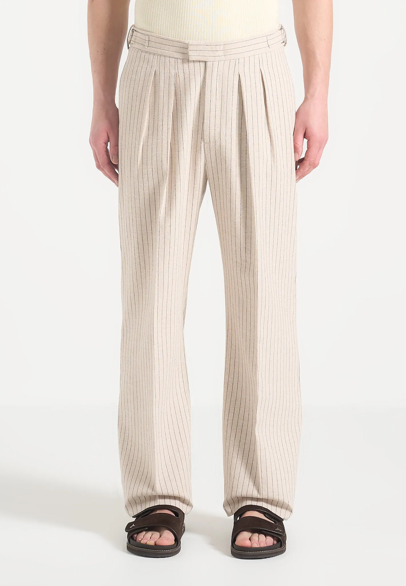 Pierre - Relaxed Fit Pinstripe Pleated Tailored Trousers - Beige sold by Maniere De Voir product image thumbnail 5