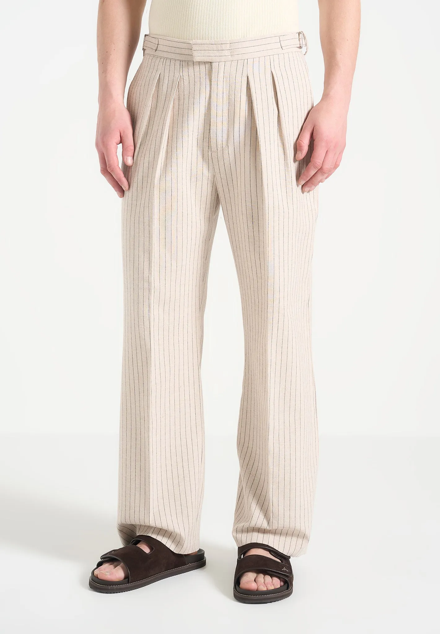 Pierre - Relaxed Fit Pinstripe Pleated Tailored Trousers - Beige sold by Maniere De Voir