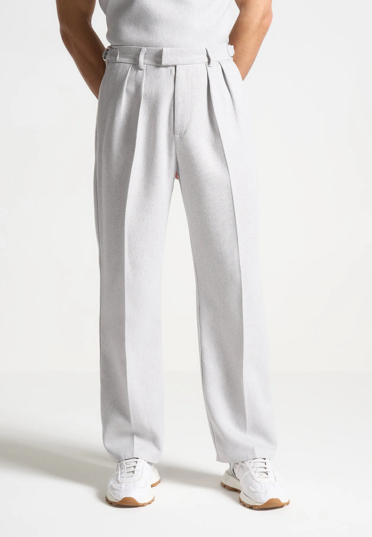 Pierre - Relaxed Fit Textured Pleated Tailored Trousers - Light Grey sold by Maniere De Voir