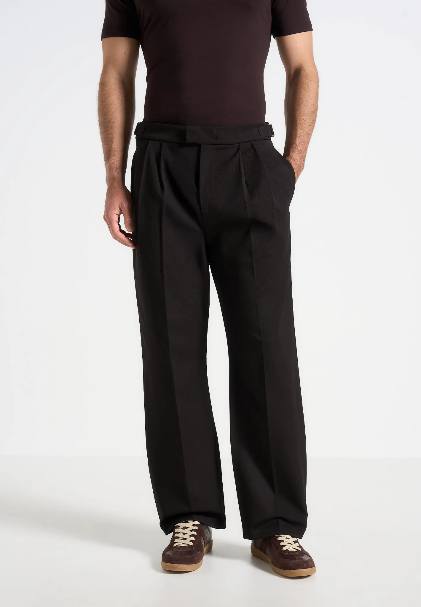 Pierre - Relaxed Fit Textured Pleated Tailored Trousers - Dark Brown sold by Maniere De Voir