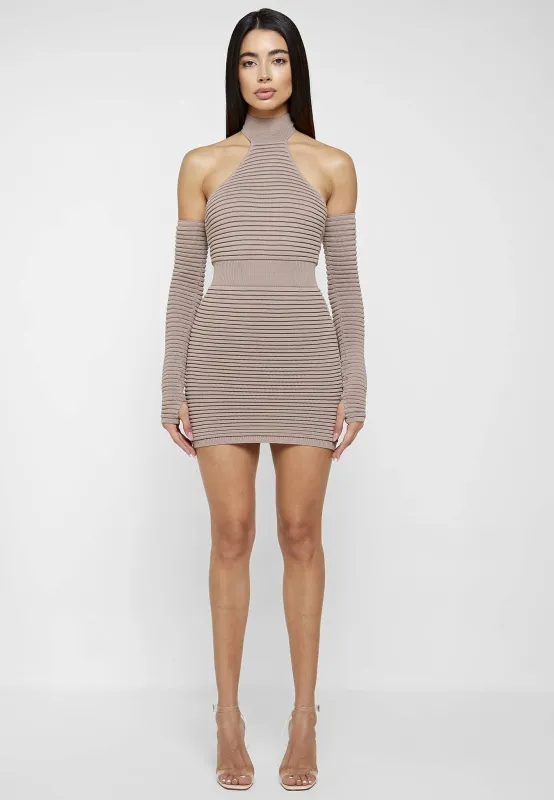 Knitted Halterneck Mini Dress with Sleeves - Taupe sold by Maniere De Voir