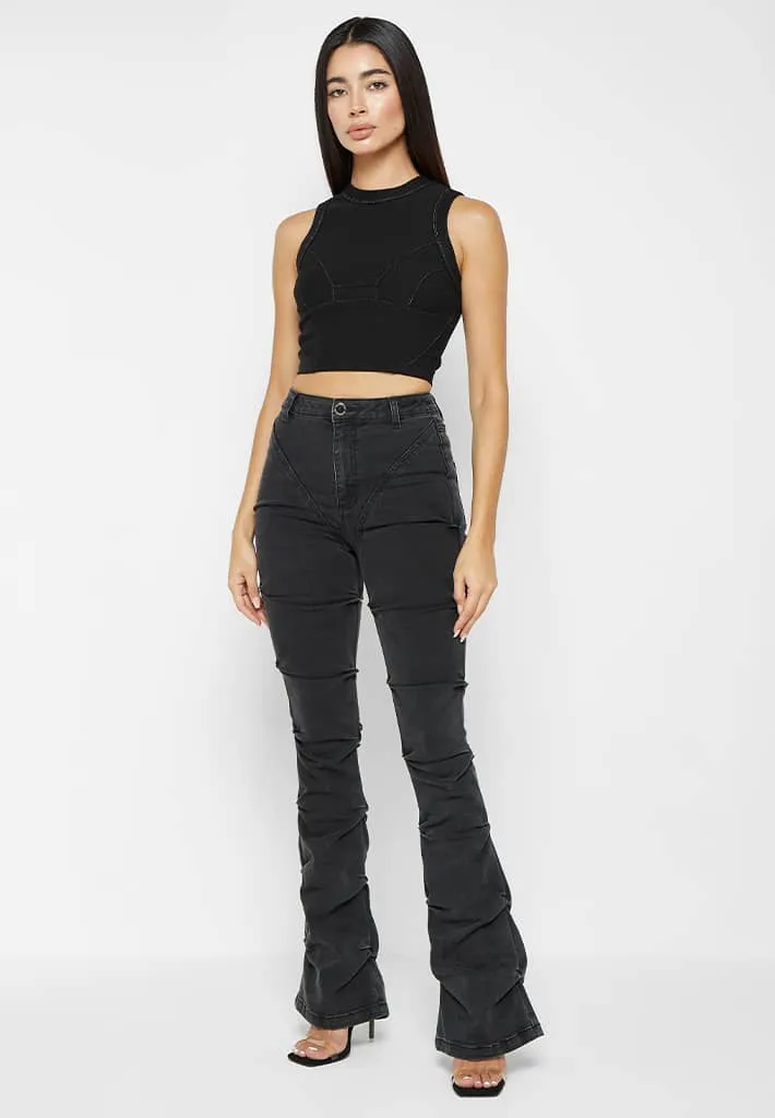Tacked Denim Flared Jeans - Washed Black sold by Maniere De Voir product image thumbnail 2