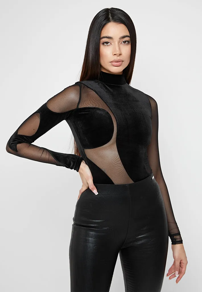 Velour & Mesh Contour Bodysuit - Black sold by Maniere De Voir product image thumbnail 3