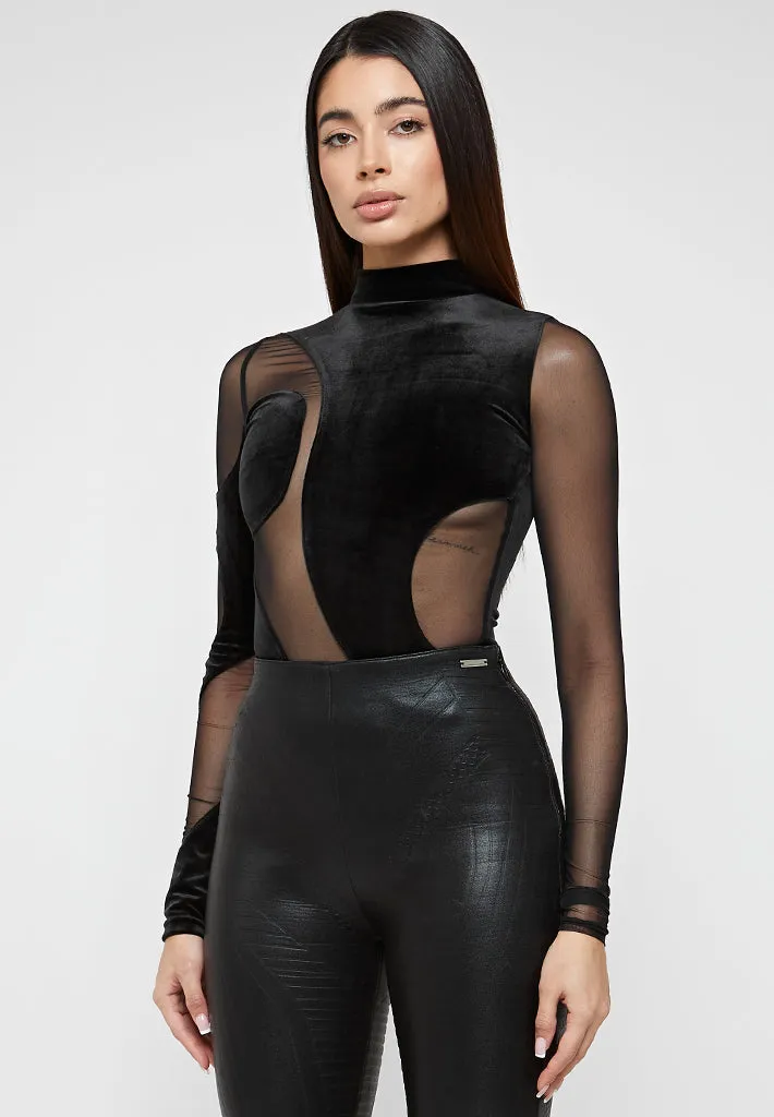 Velour & Mesh Contour Bodysuit - Black sold by Maniere De Voir product image thumbnail 4