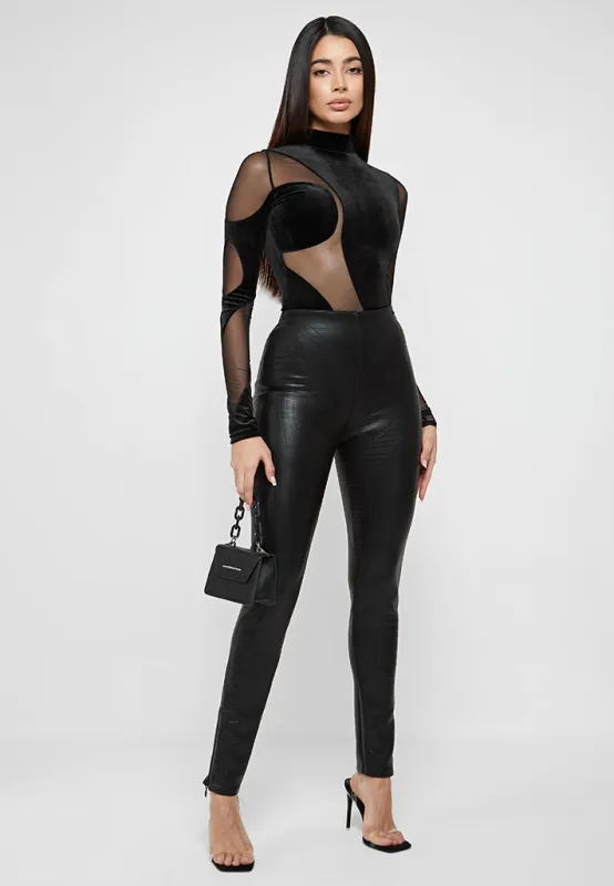Velour & Mesh Contour Bodysuit - Black sold by Maniere De Voir