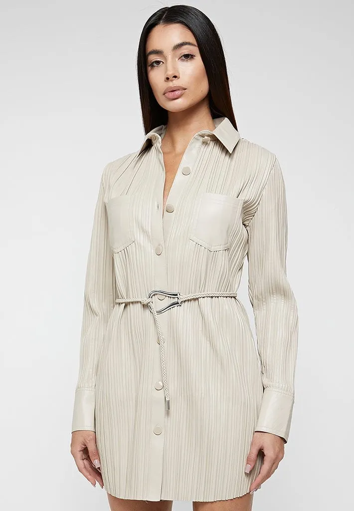 Leather Pleated Shirt Dress - Stone sold by Maniere De Voir product image thumbnail 3
