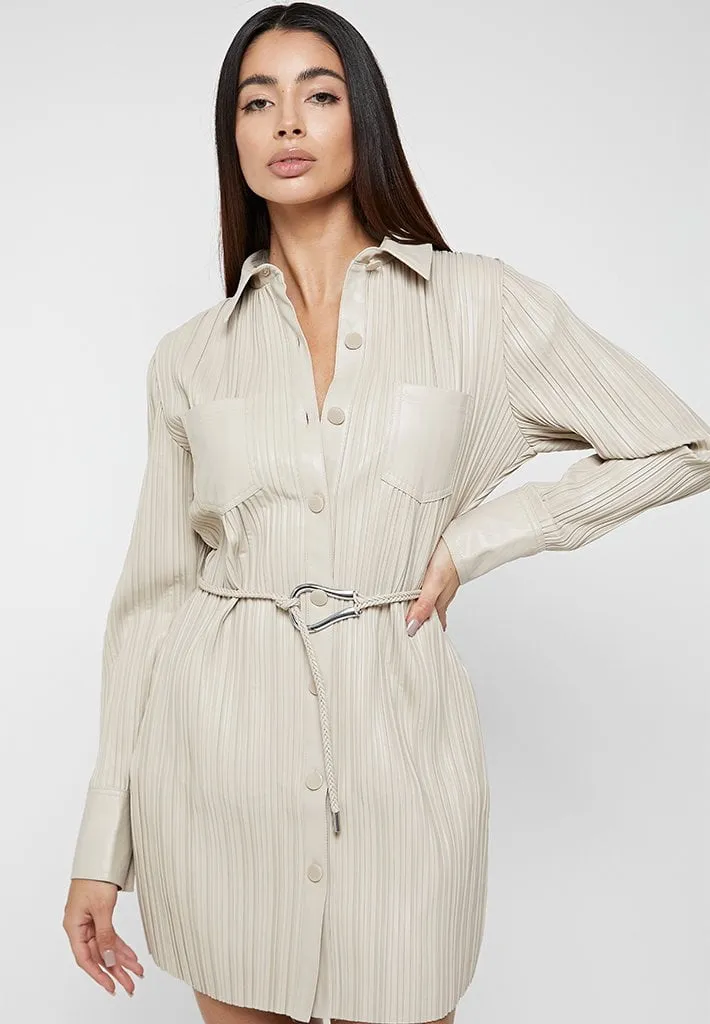 Leather Pleated Shirt Dress - Stone sold by Maniere De Voir product image thumbnail 5
