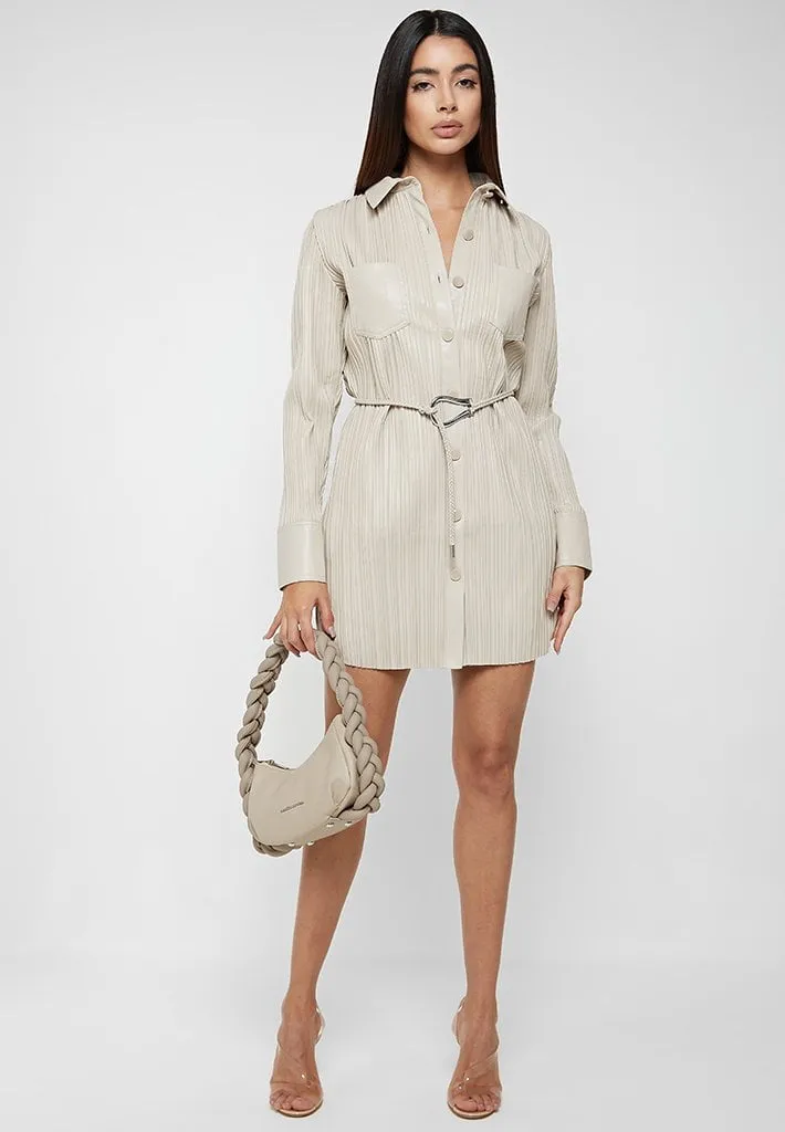 Leather Pleated Shirt Dress - Stone sold by Maniere De Voir