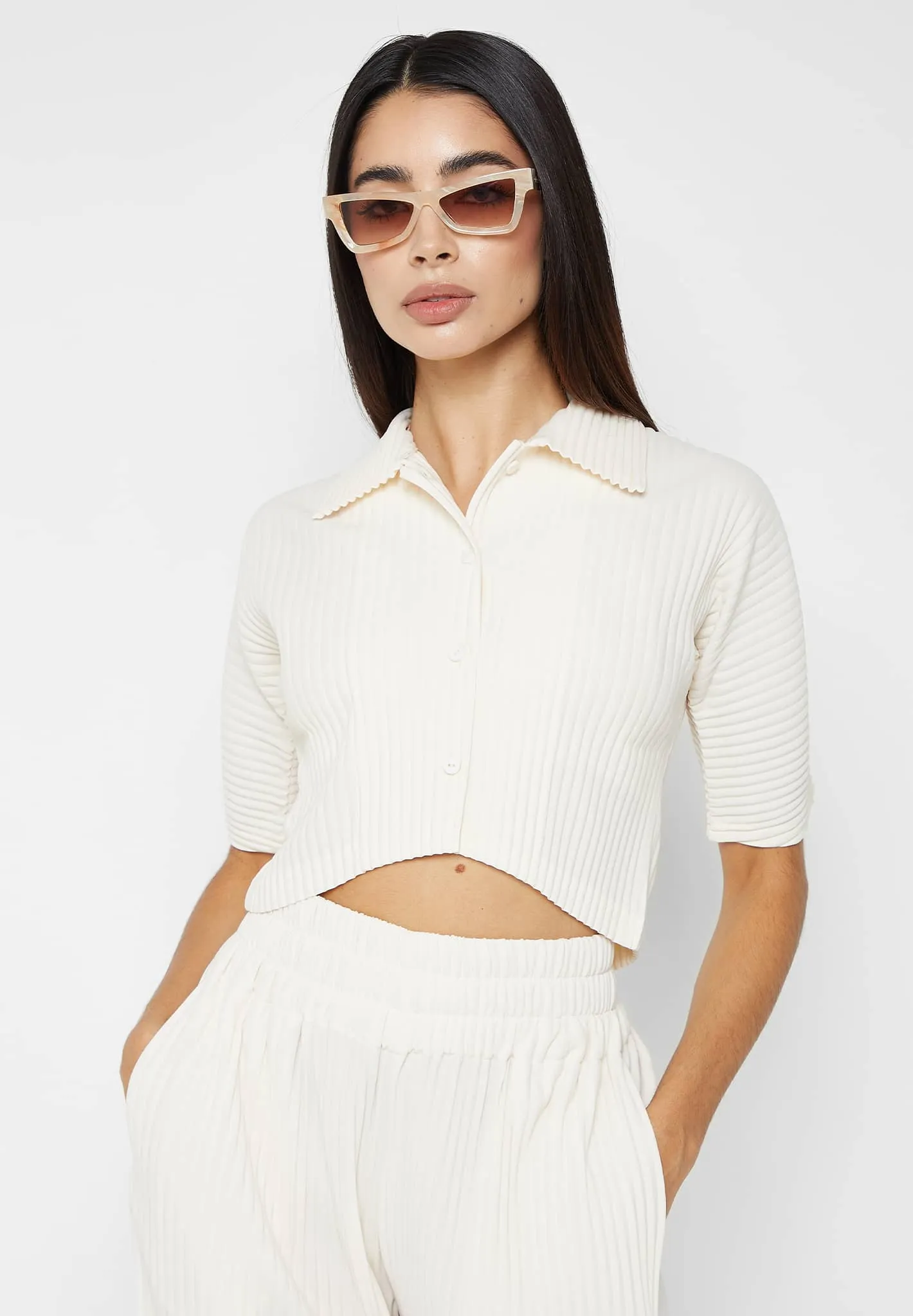 Pleated Curved Hem Shirt - Cream sold by Maniere De Voir product image thumbnail 4