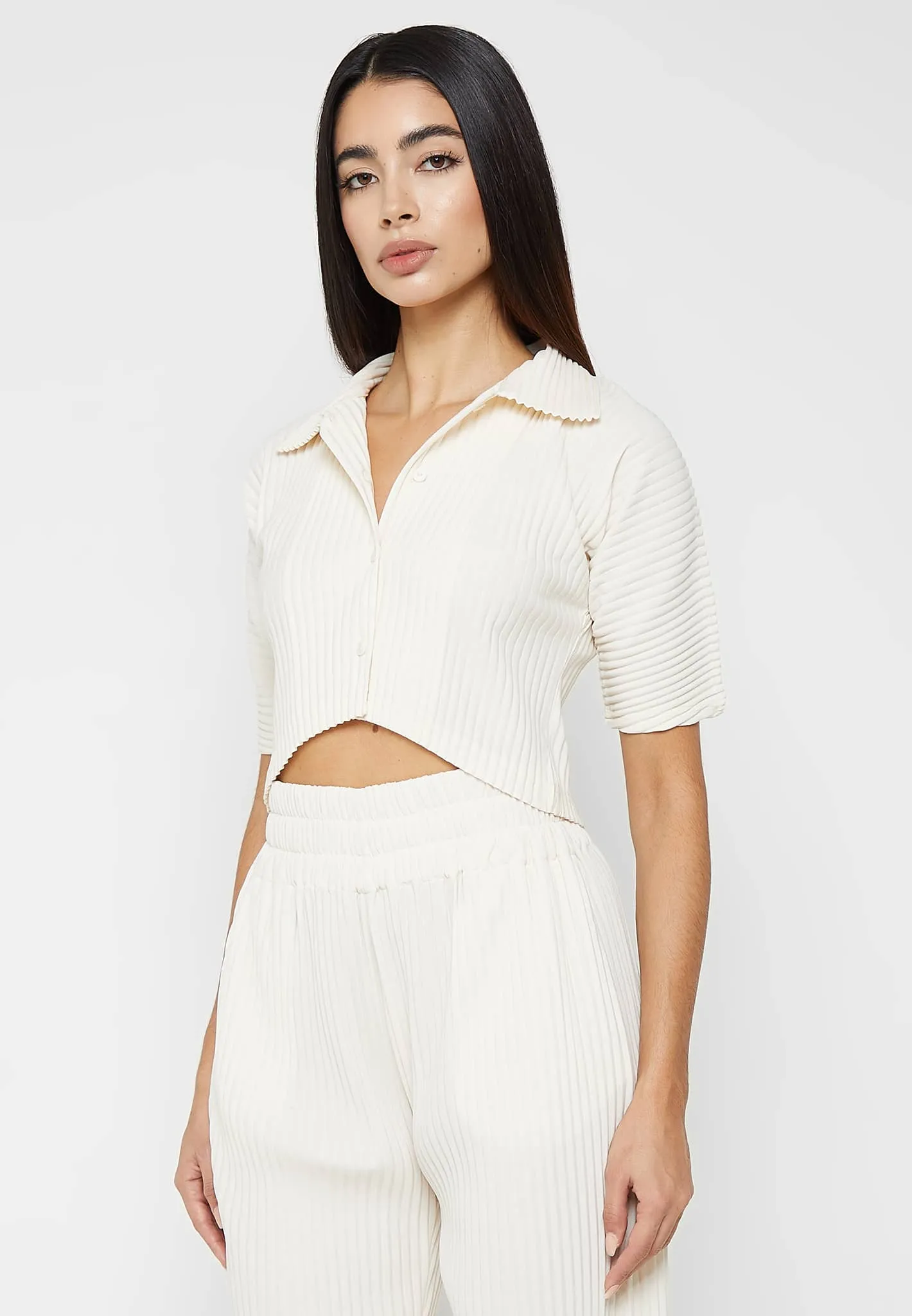 Pleated Curved Hem Shirt - Cream sold by Maniere De Voir product image thumbnail 3