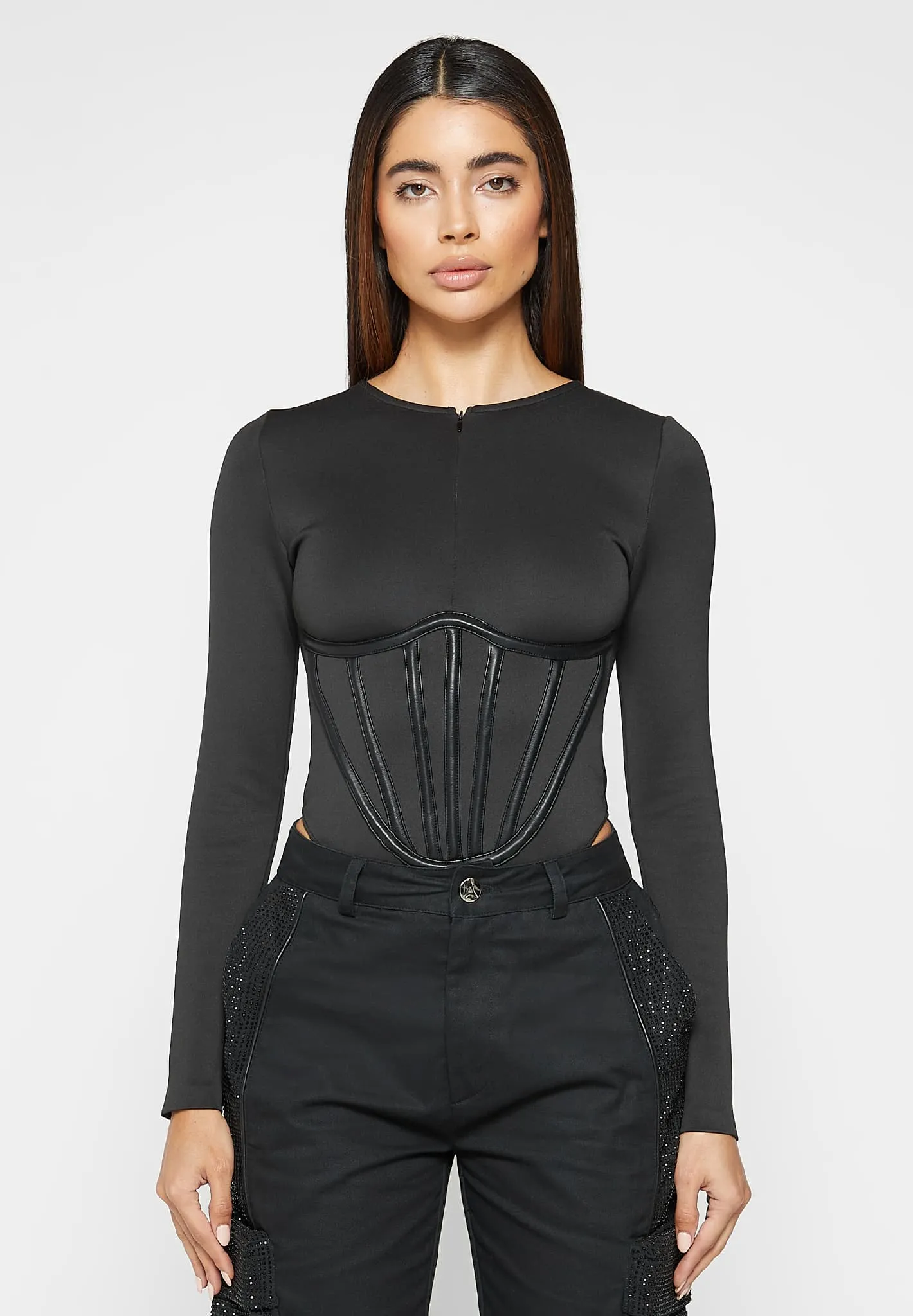 Leather Corset Detail Bodysuit - Black sold by Maniere De Voir product image thumbnail 5