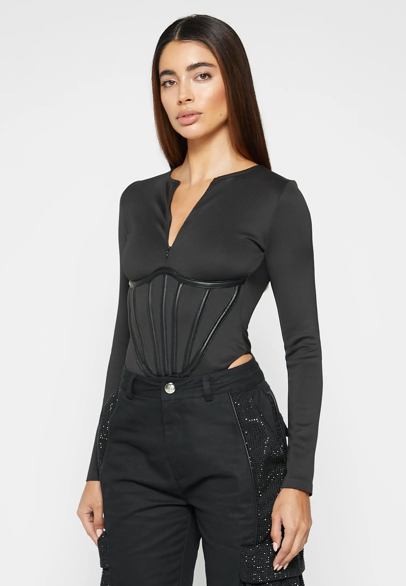 Leather Corset Detail Bodysuit - Black sold by Maniere De Voir product image thumbnail 3