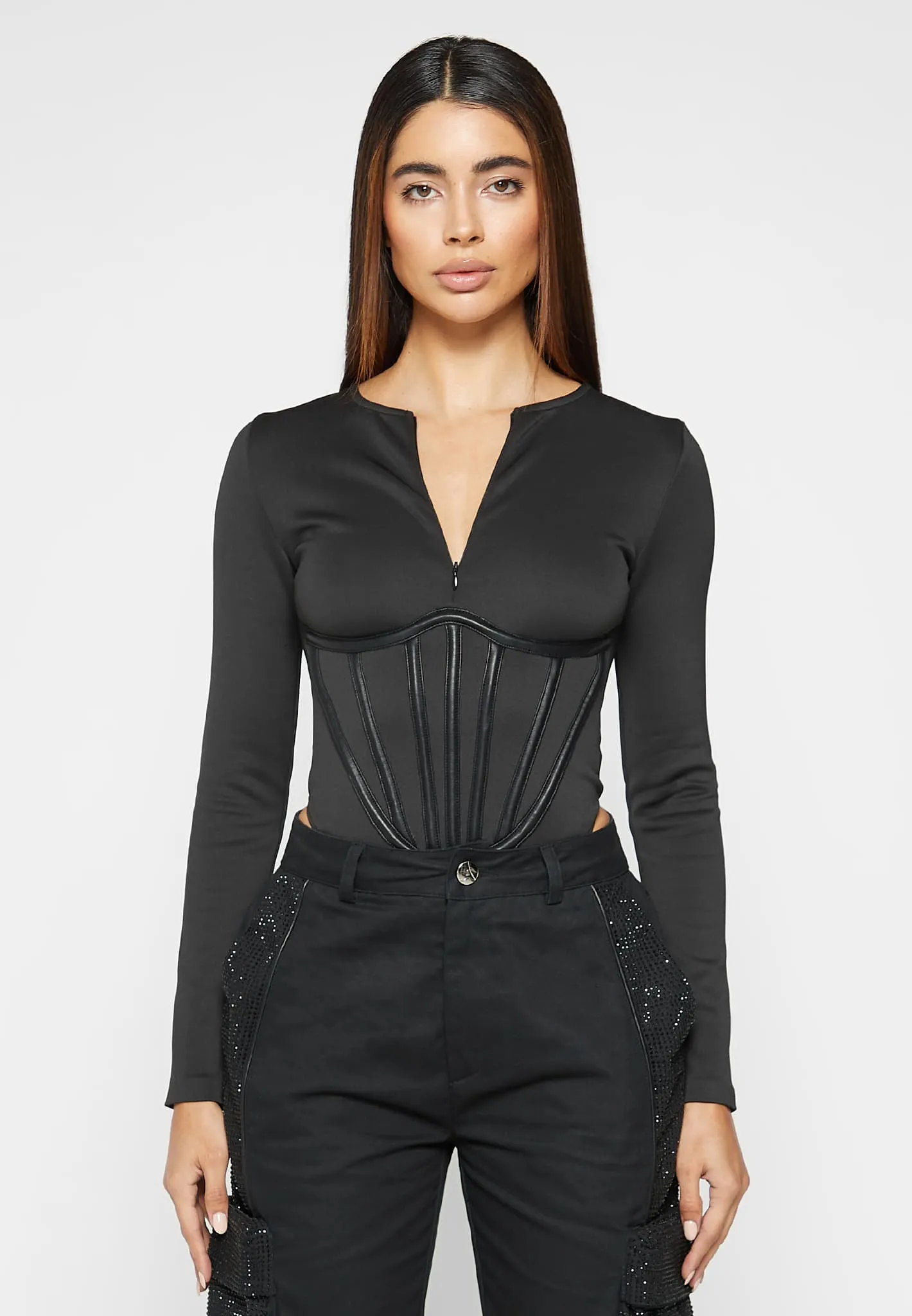 Leather Corset Detail Bodysuit - Black sold by Maniere De Voir