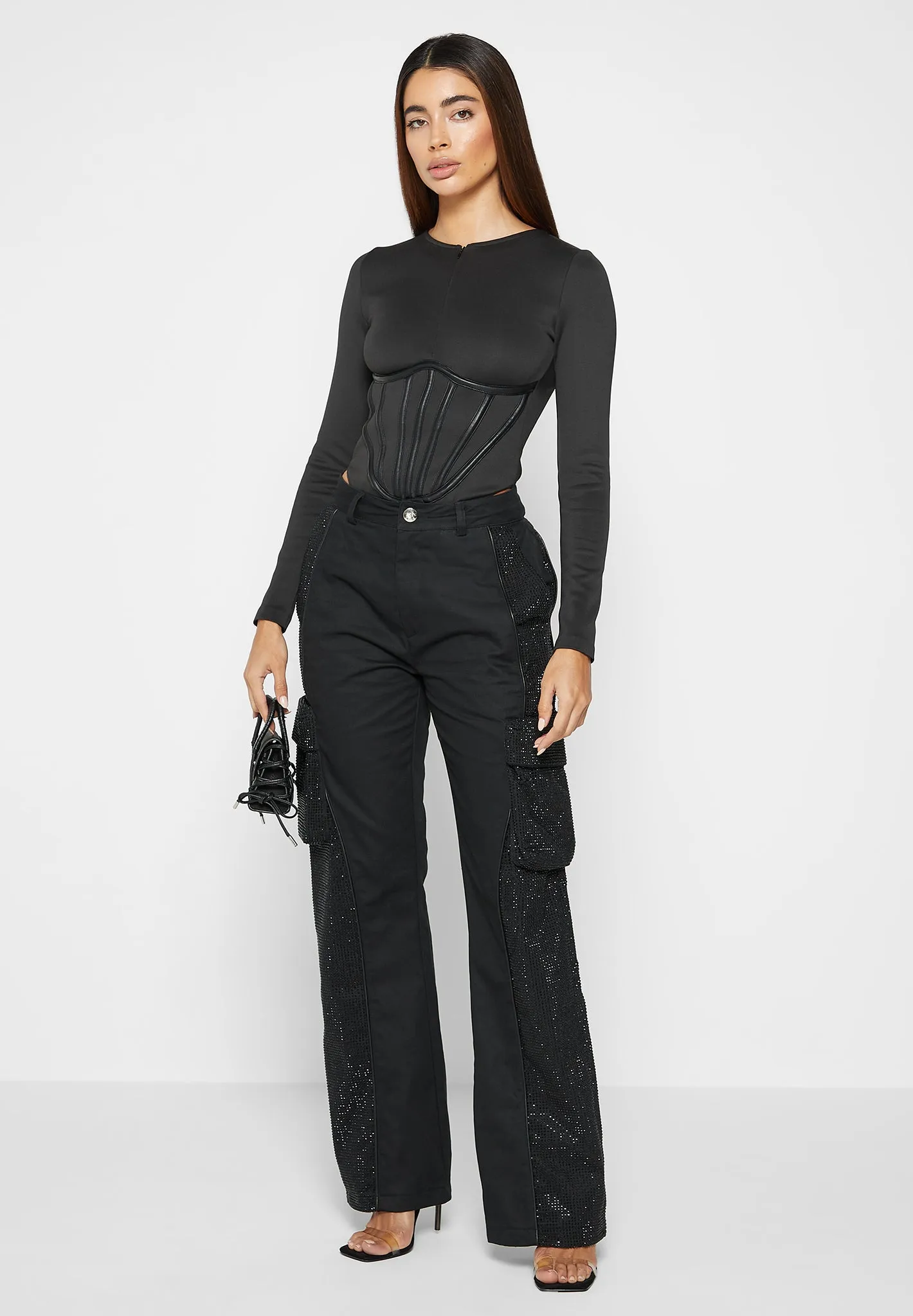 Leather Corset Detail Bodysuit - Black sold by Maniere De Voir product image thumbnail 2