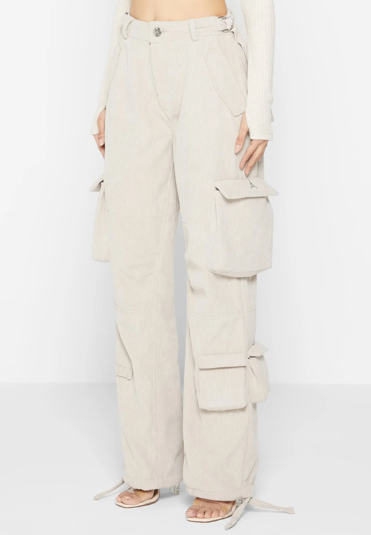 Corduroy Mid Rise Cargo Pants - Beige sold by Maniere De Voir product image thumbnail 3