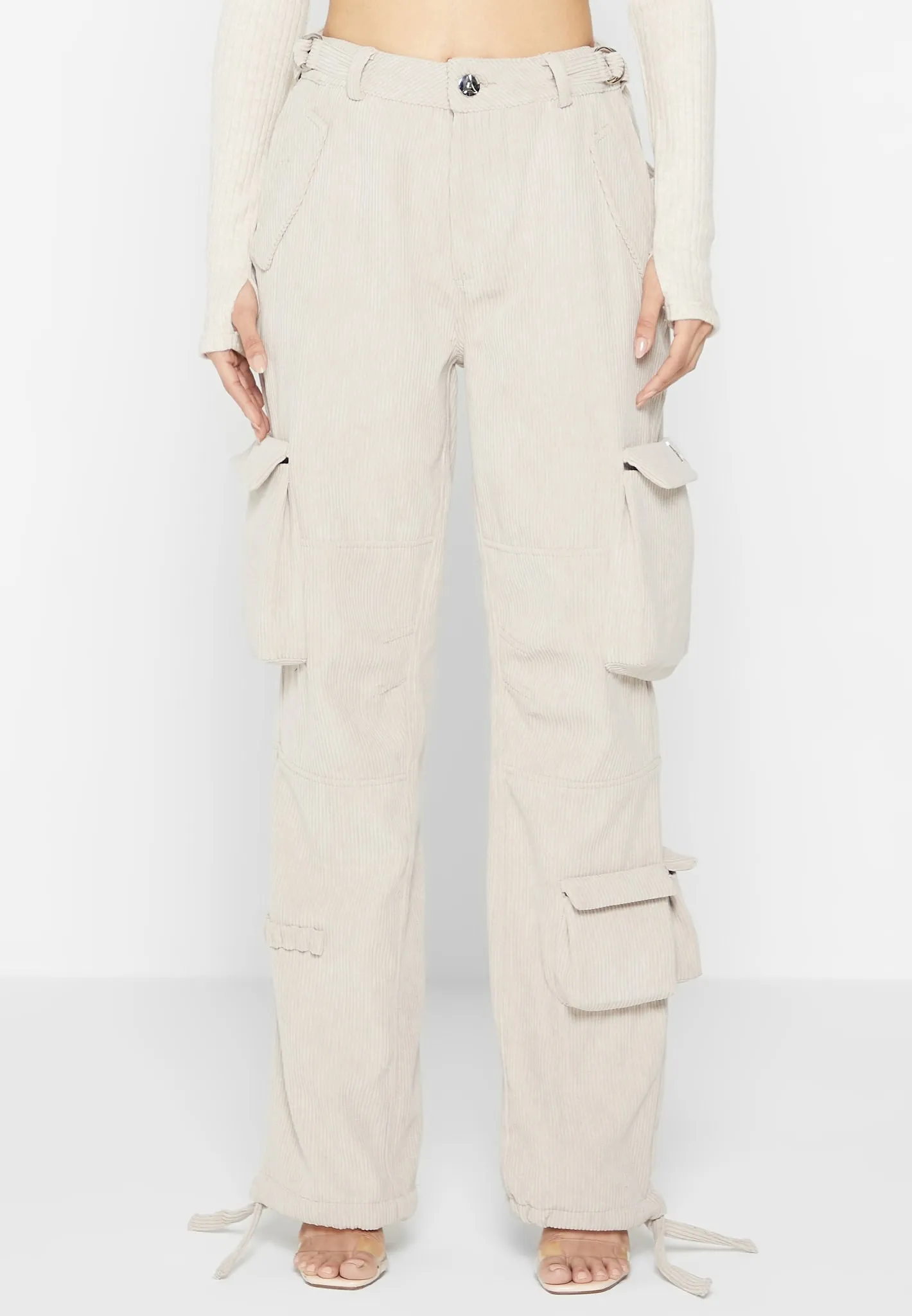 Corduroy Mid Rise Cargo Pants - Beige sold by Maniere De Voir