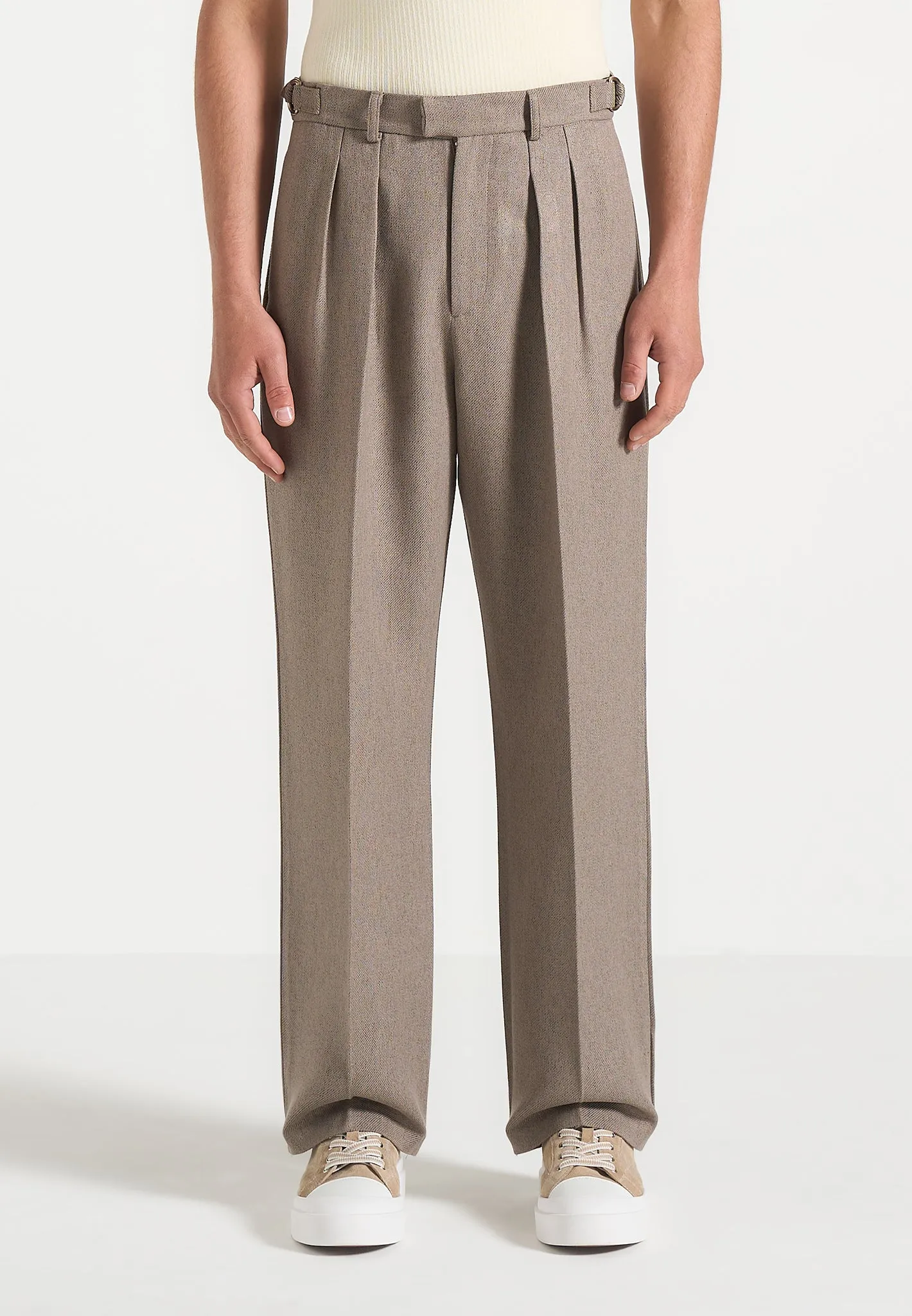 Pierre - Relaxed Fit Textured Pleated Tailored Trousers - Taupe sold by Maniere De Voir