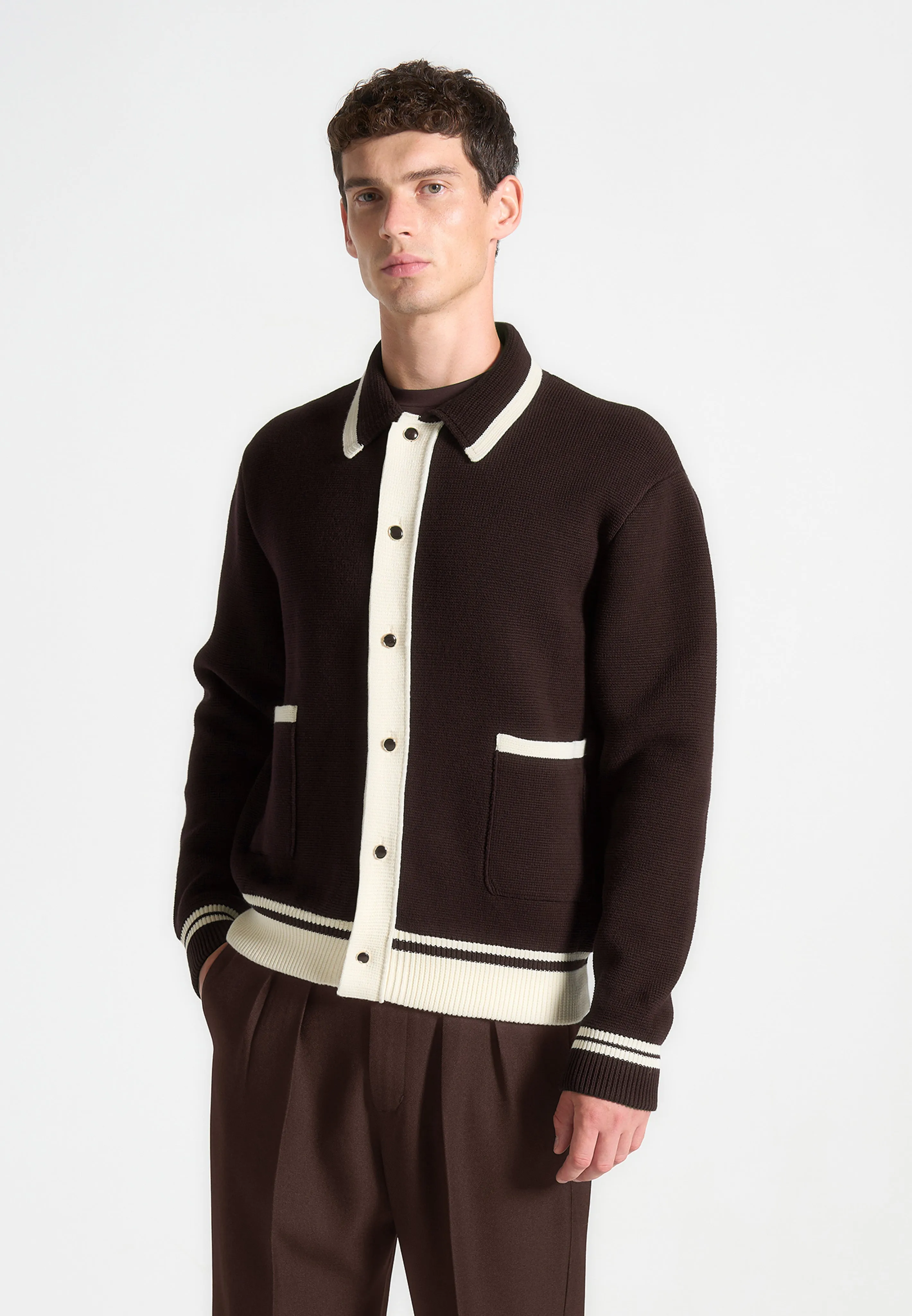 Julien - Classic Combed Cotton Knit Cardigan - Brown sold by Maniere De Voir