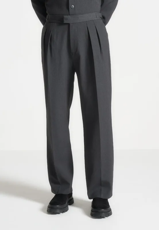 Pierre - Relaxed Fit Hatched Pleated Tailored Trousers - Dark Grey sold by Maniere De Voir
