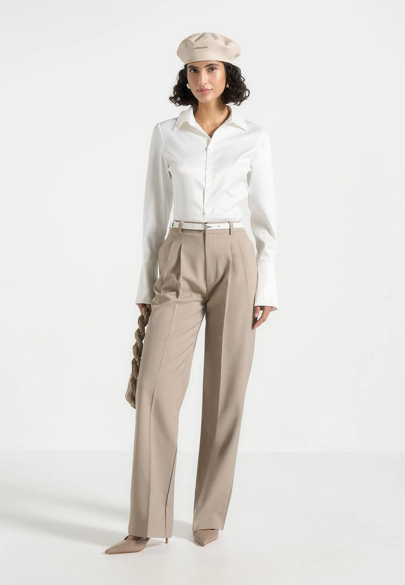 Julie - Tailored Twin Pleat Trousers - Taupe sold by Maniere De Voir
