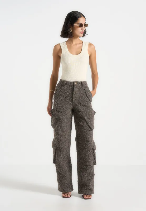 Anne - High Waisted Boucle Denim Cargo Pants - Brown sold by Maniere De Voir