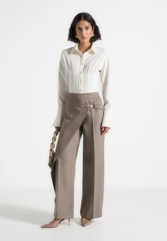 Béryl - Wrap Tailored Trousers With Hardware Detail - Taupe sold by Maniere De Voir