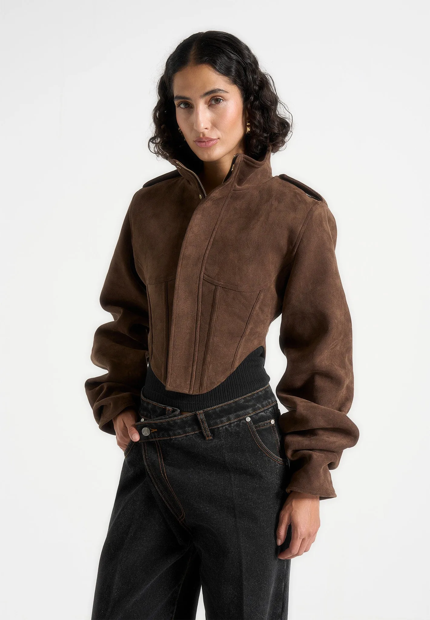 Solange - Suede Tacked Sleeve Corset Jacket - Brown sold by Maniere De Voir product image thumbnail 4