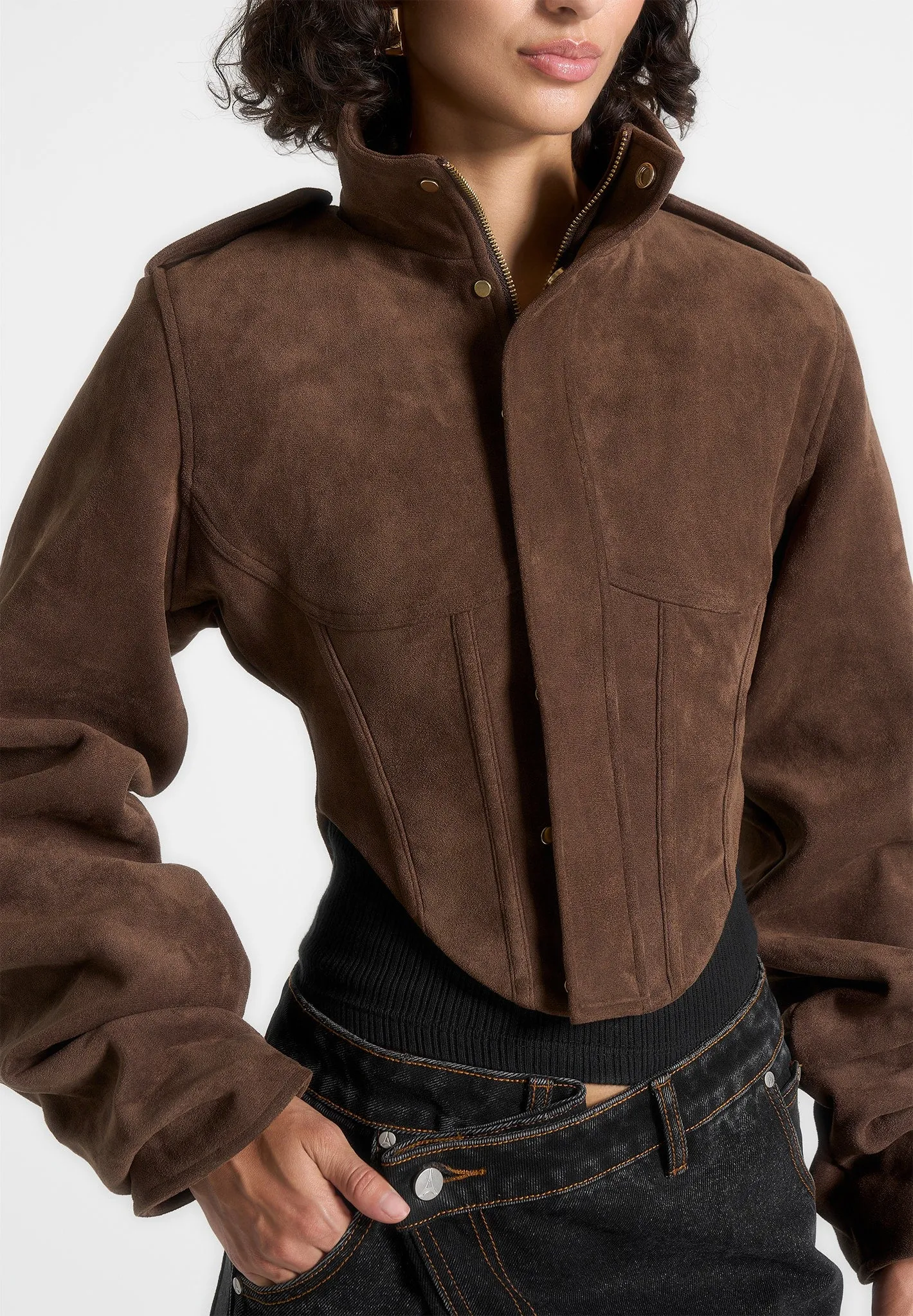 Solange - Suede Tacked Sleeve Corset Jacket - Brown sold by Maniere De Voir product image thumbnail 3