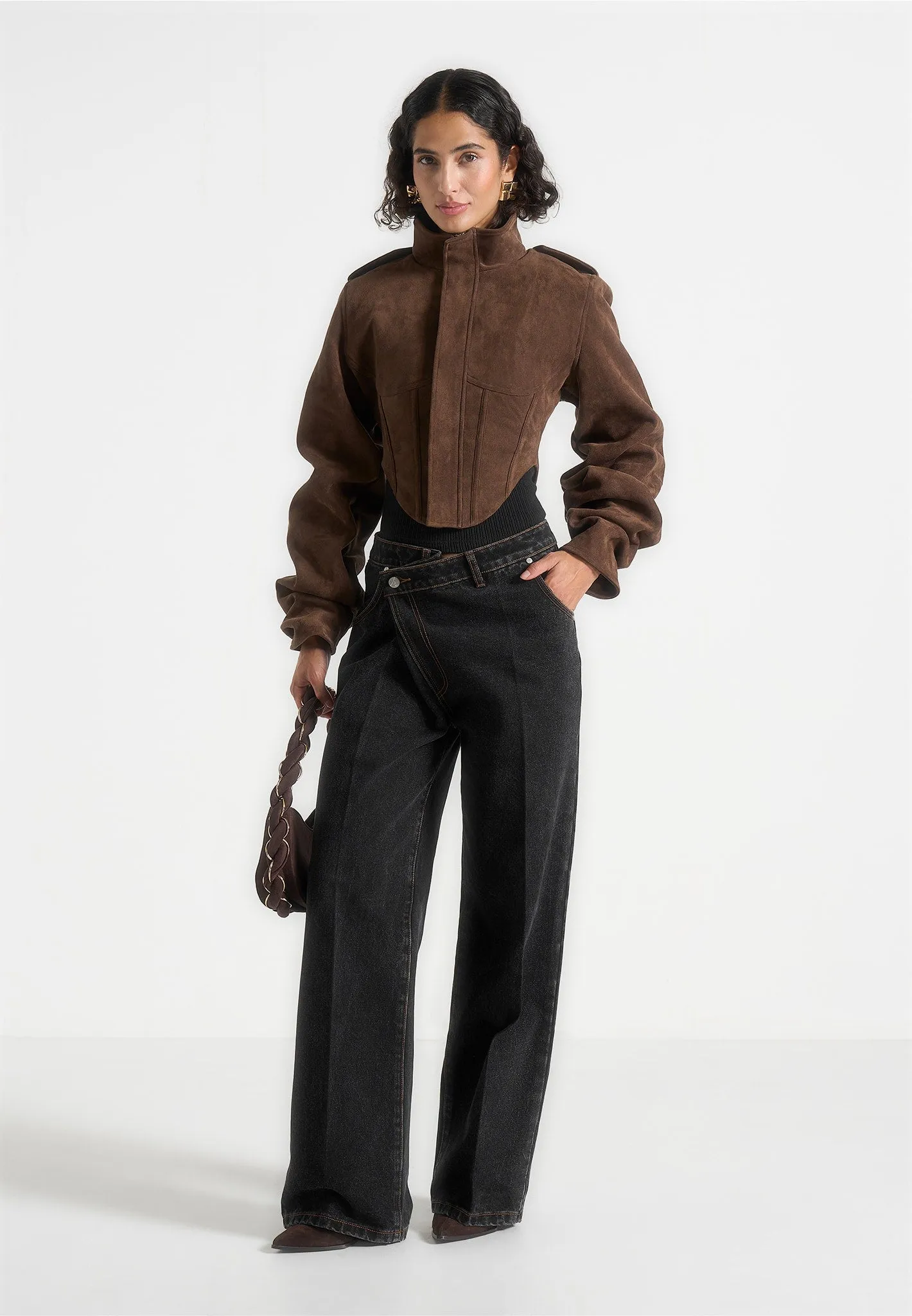 Solange - Suede Tacked Sleeve Corset Jacket - Brown sold by Maniere De Voir product image thumbnail 2