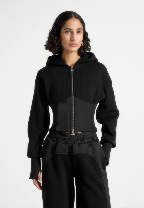 Brune - Corset Jersey And Satin Zip Hoodie - Black sold by Maniere De Voir
