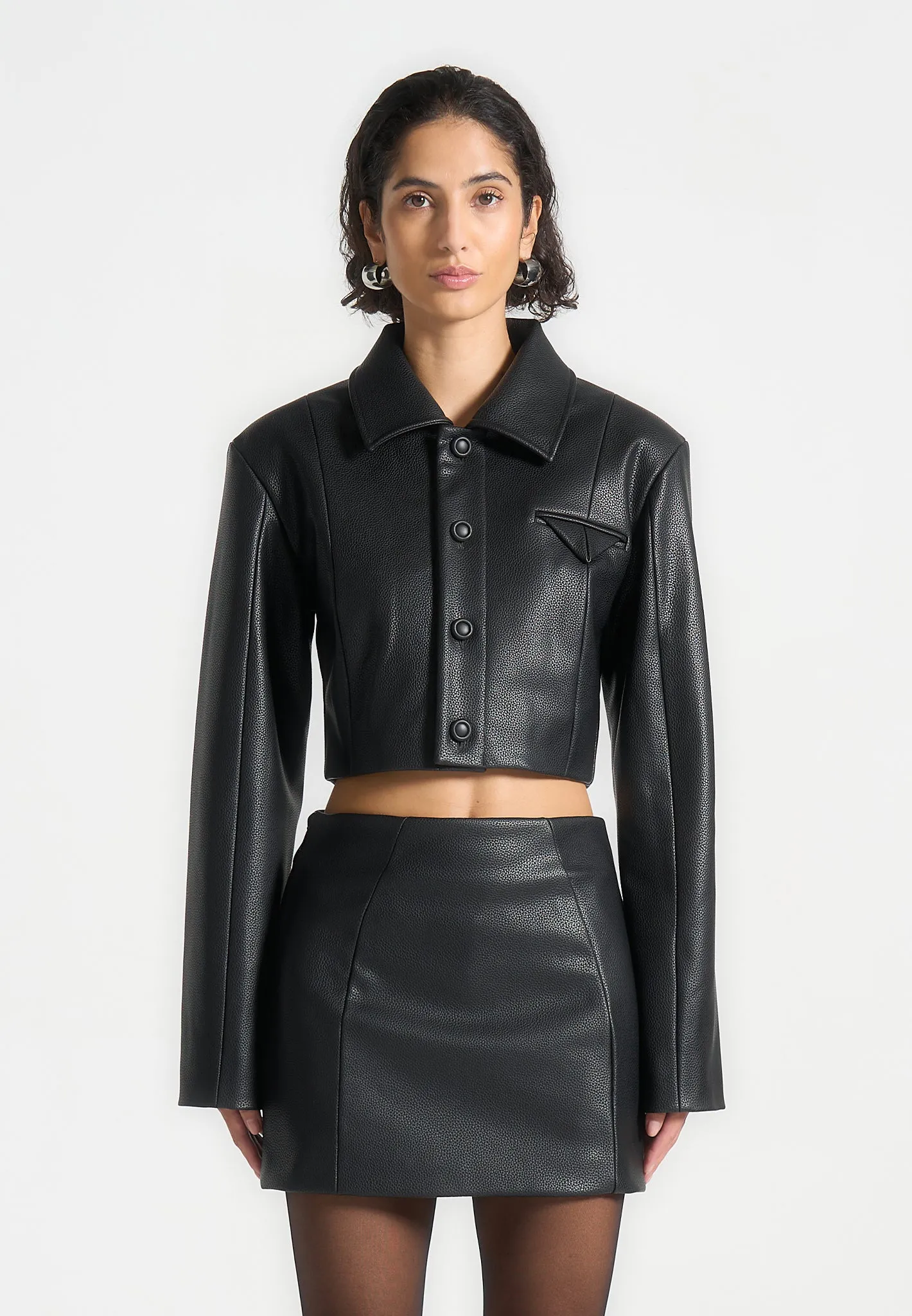Ania - Wide Shoulder Pebbled Leather Jacket - Black sold by Maniere De Voir