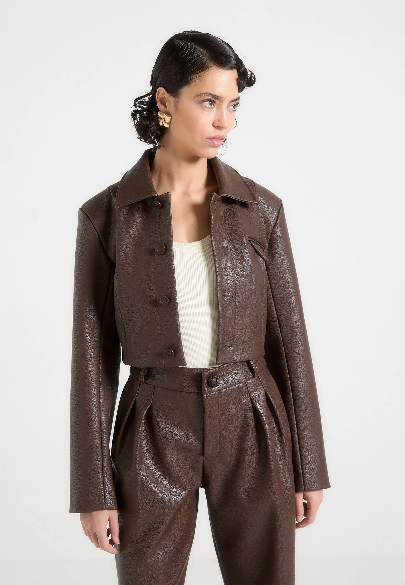 Ania - Wide Shoulder Pebbled Leather Jacket - Brown sold by Maniere De Voir