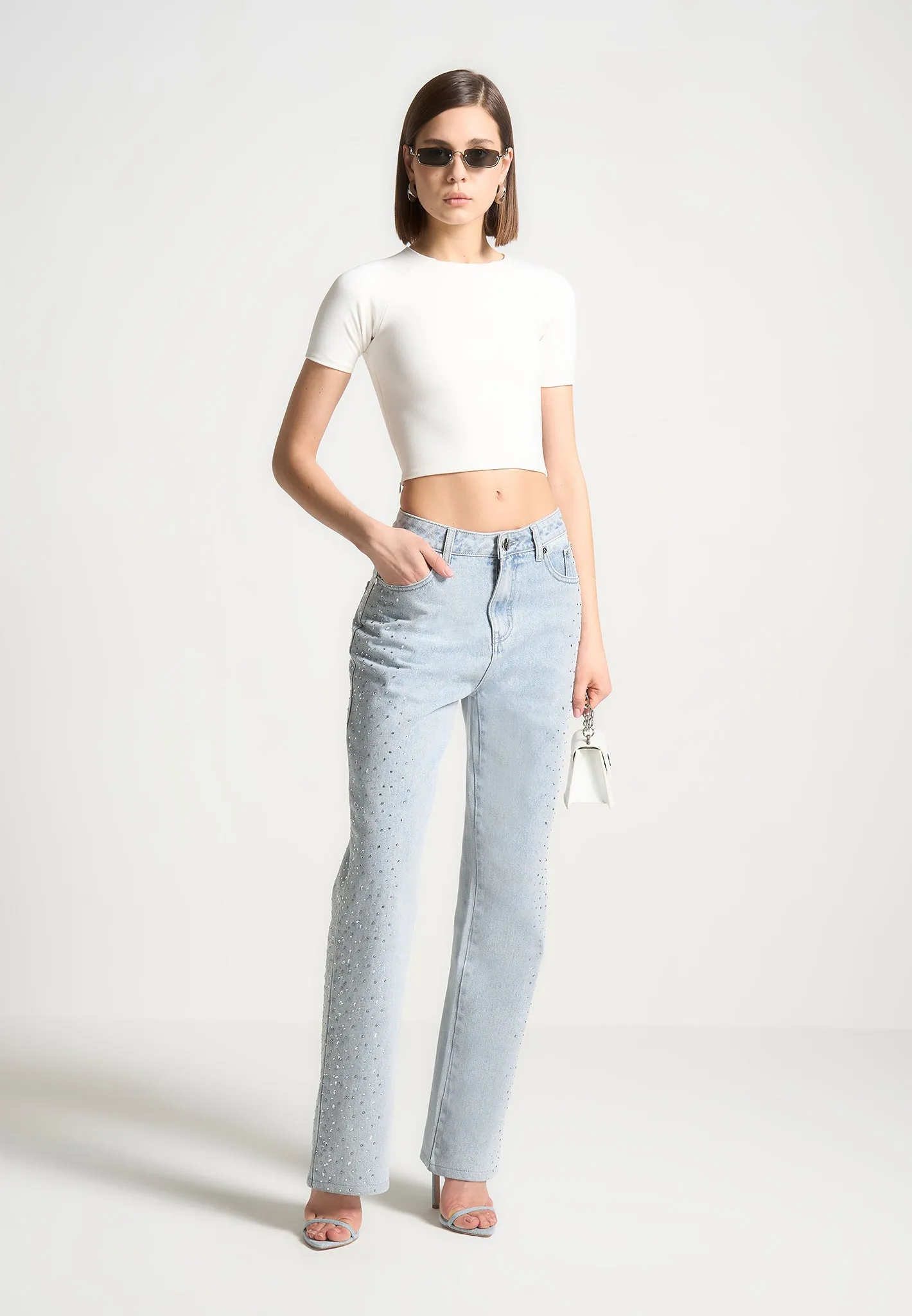 Scattered Rhinestone Straight Leg Jeans - Bleach Wash sold by Maniere De Voir product image thumbnail 2