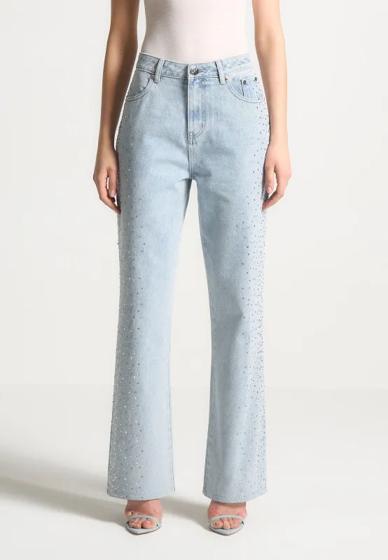 Scattered Rhinestone Straight Leg Jeans - Bleach Wash sold by Maniere De Voir