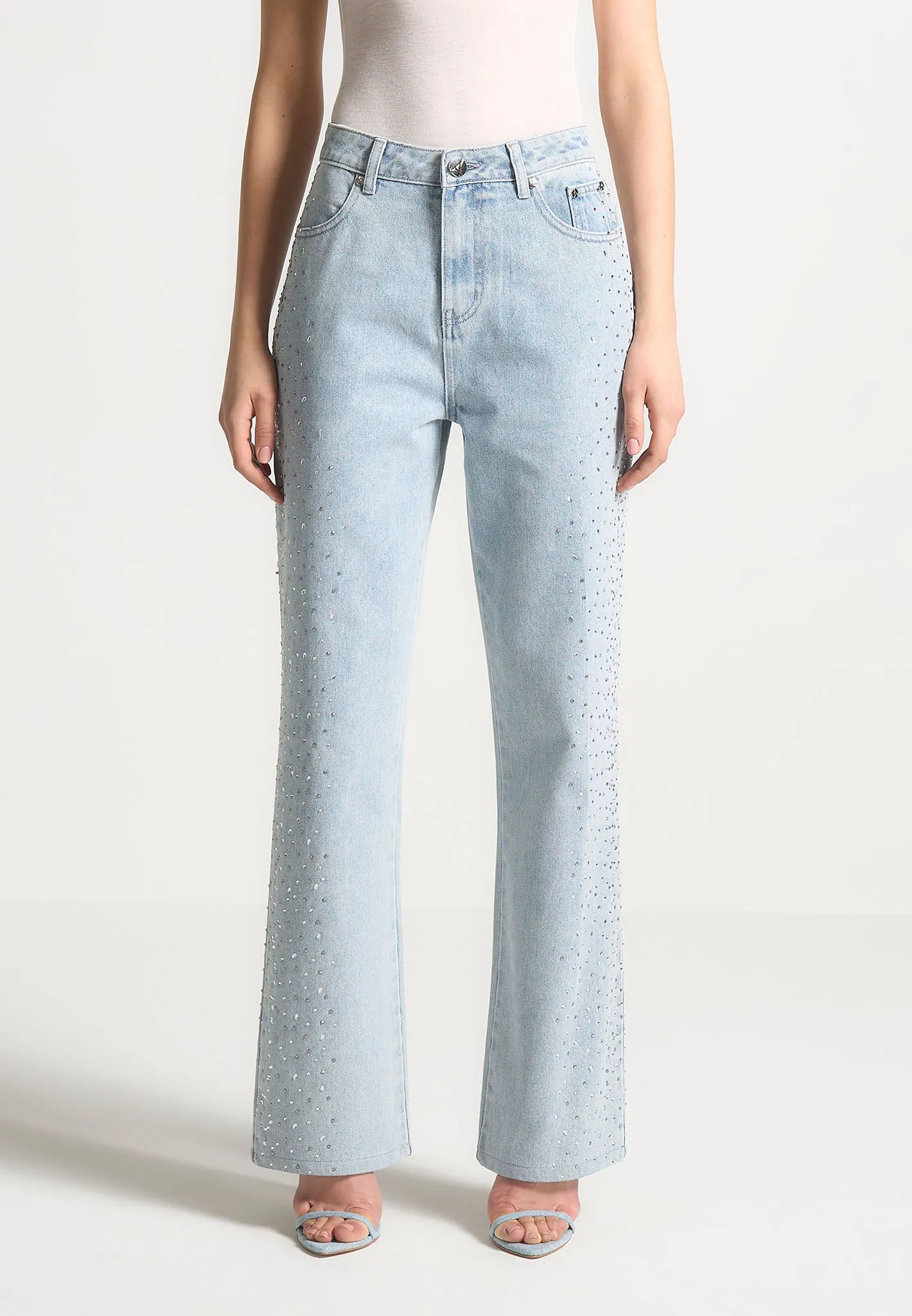 Scattered Rhinestone Straight Leg Jeans - Bleach Wash sold by Maniere De Voir