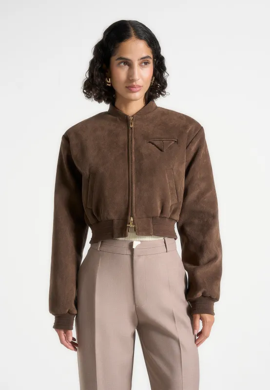 Monique - Suede Wide Shoulder Bomber Jacket - Brown sold by Maniere De Voir
